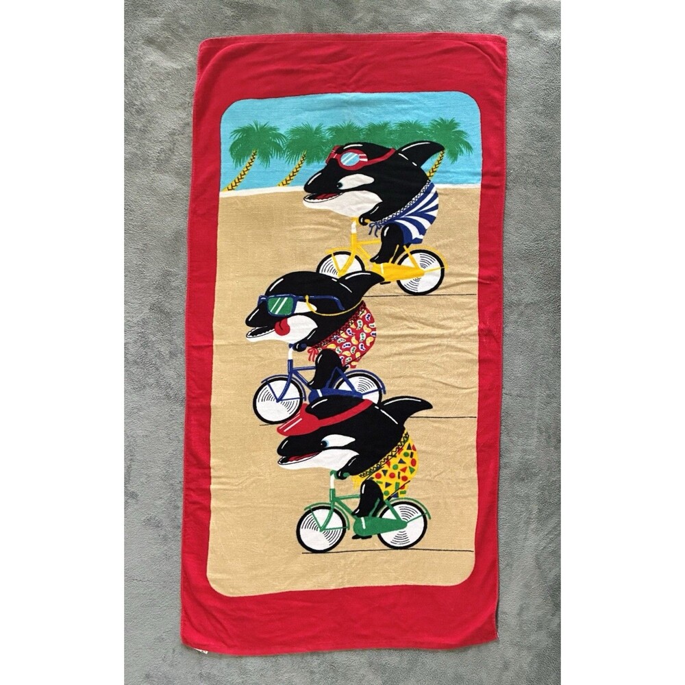 Seven Seas Orca Killer Whale Beach Pool Towel VTG 30x60” Racing Bicycles *READ*